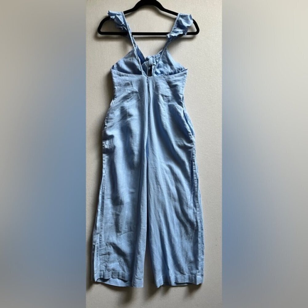 Zara Linen Blend Baby Blue Tie Front Cropped Pants Jumpsuit XS - Picture 4 of 14